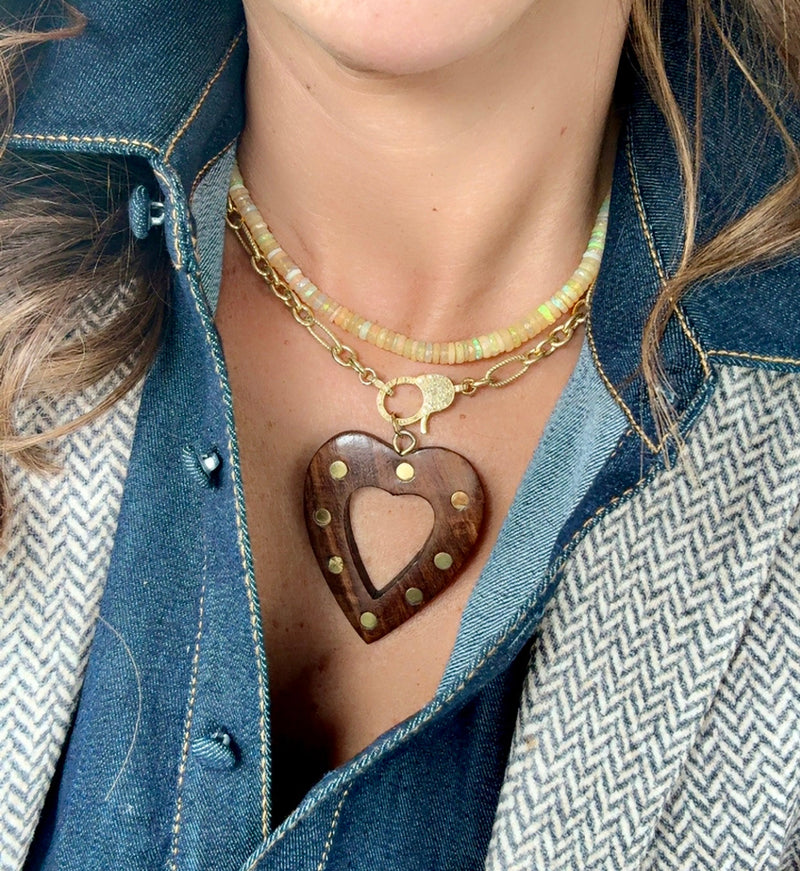 Wood Studded Heart Necklace Pave Diamond Clasp